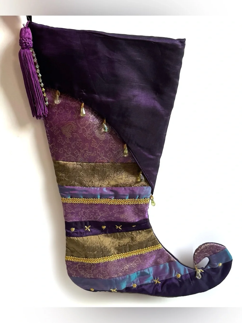 Pier 1 Purple Jester Elf Christmas Stocking Beaded Tassel Jeweled Holiday Decor